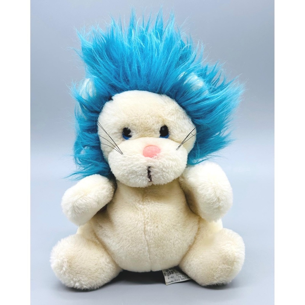 Russ Berrie‎ Fantasia Lion Plush Puppet Cream Blue Mane Vintage Stuffed Animal